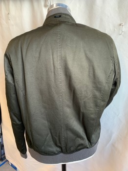 Mens, Casual Jacket, FARWEST, Dk Olive Grn, Gray, Polyester, Cotton, Solid, M, Light Puffy Dark Olive with Light Gray Rectangle Quilt, Ribbed Knit Gray Collar Attached, Long Sleeves (1 Pocket with Zipper on Left Arm) Cuffs & Hem, Zip Front, 2 Slant Pockets with Flap