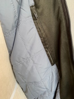 Mens, Casual Jacket, FARWEST, Dk Olive Grn, Gray, Polyester, Cotton, Solid, M, Light Puffy Dark Olive with Light Gray Rectangle Quilt, Ribbed Knit Gray Collar Attached, Long Sleeves (1 Pocket with Zipper on Left Arm) Cuffs & Hem, Zip Front, 2 Slant Pockets with Flap
