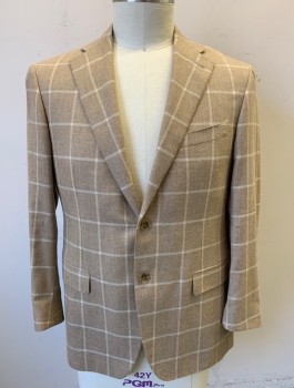 Mens, Sportcoat/Blazer, NAPOLI, Beige, Lt Beige, Cashmere, Wool, Plaid - Tattersall, 43R, Single Breasted, Notched Lapel, 2 Buttons, 3 Pockets, Solid Taupe Lining