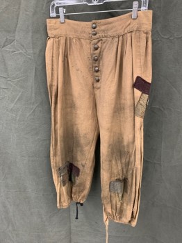 Mens, Historical Fiction Pants, MTO, Dusty Brown, Dk Brown, Gray, Cotton, Solid, 34, Pleated, Silver Rounded Button Front, 2 1/4" Waistband, Dark Brown/Gray/Dark Green Patches, Drawstring Hem, Back Waist Lace Up Tabs, Aged/Distressed,