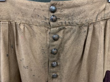 Mens, Historical Fiction Pants, MTO, Dusty Brown, Dk Brown, Gray, Cotton, Solid, 34, Pleated, Silver Rounded Button Front, 2 1/4" Waistband, Dark Brown/Gray/Dark Green Patches, Drawstring Hem, Back Waist Lace Up Tabs, Aged/Distressed,