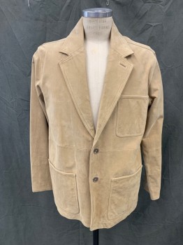 Mens, Leather Jacket, TRAVEL SMITH, Tan Brown, Suede, Solid, M, Single Breasted, Collar Attached, Notched Lapel, 3o Kimono Sleeves