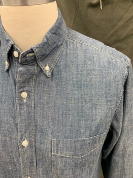 J. CREW, Denim Blue, Cotton, Solid, Button Front, Collar Attached, Button Down Collar, 1 Pocket, Long Sleeves, Button Cuff