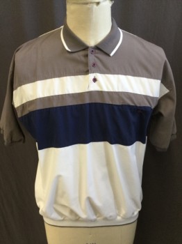 BOULEVARD CLUB, Warm Gray, Off White, Navy Blue, Cotton, Polyester, Stripes - Horizontal , Polo Style, Gray Ribbed Knit Collar Attached with Off White Trim, 3 Button Front, Short Sleeves with Ribbed Knit Gray Cuff, Off White Ribbed Knit with Gray Trim Hem, 1 Pocket