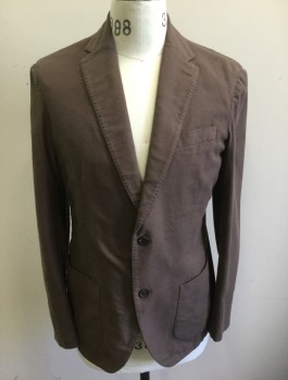 Mens, Sportcoat/Blazer, NEIMAN MARCUS, Dusty Brown, Cotton, Silk, Solid, 38R, Single Breasted, Notched Lapel, 2 Buttons, 3 Pockets Including 2 Large Patch Pockets at Hips, Hand Picked Stitching at Lapel, No Lining, High End Italian Made