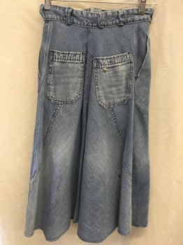 N/L, Denim Blue, Lt Blue, Cotton, Solid, Heathered, Faded Aged Blue Jean, A-line with Gussets, 4 Pockets, Zip Front, Waistband, Belt Loops, Lined