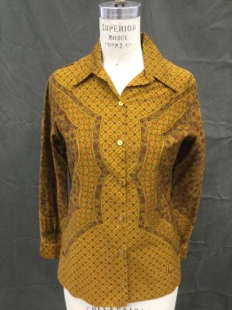 Womens, Blouse, VERA, Turmeric Yellow, Brown, Orange, Black, Cotton, Geometric, Floral, B 36, Button Front, Collar Attached, Long Sleeves, Button Cuff