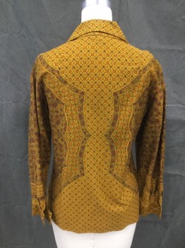 Womens, Blouse, VERA, Turmeric Yellow, Brown, Orange, Black, Cotton, Geometric, Floral, B 36, Button Front, Collar Attached, Long Sleeves, Button Cuff