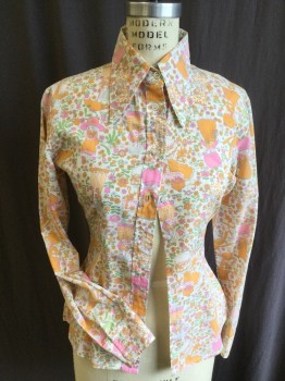 LITTLE LISA, Off White, Orange, Pink, Lime Green, Gray, Cotton, Polyester, Human Figure, Floral, Collar Attached, Button Front, Long Sleeves,