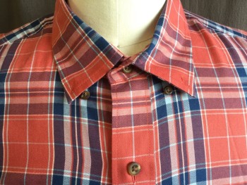 IZOD, Red, Navy Blue, Red, Maroon Red, Lt Blue, Cotton, Polyester, Plaid, Collar Attached, Button Down, Button Front, 1 Pocket, Long Sleeves, Curved Hem