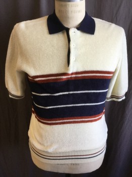 SATURDAY'S , Cream, Navy Blue, Brown, Acrylic, Stripes - Horizontal , Solid Navy Collar Attached, 3 Button Front, Ribbed Knit W. Reddish-brown and Navy Horizontal Stripes Trim Short Sleeves and Hem (DAMAGED---1 St Button)