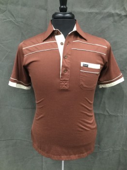 PRINCE FERRARI, Brown, Cream, Poly/Cotton, Solid, Short Sleeves, Collar Attached, 4 Buttons, Cream Stripe Piping, 1 Pocket with Cream Trim, Sleeve with Cream Trim