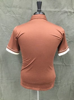 PRINCE FERRARI, Brown, Cream, Poly/Cotton, Solid, Short Sleeves, Collar Attached, 4 Buttons, Cream Stripe Piping, 1 Pocket with Cream Trim, Sleeve with Cream Trim