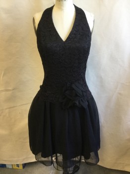 Womens, Cocktail Dress, SCOTT MCCLINTOCK, Black, Polyester, Cotton, Floral, W30, B36, H46, Lace, Halter, Cut-out Triangle Back with 2 Black Buttons, Chiffon Skirt and Flower at Waist. Zip Back