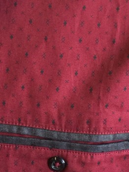 GUESS, Maroon Red, Black, Charcoal Gray, Cotton, Elastane, Diamonds, Heathered, Heather Charcoal Gray Under Collar Attached, Front Placket Trim Button Front, 1 Pocket Trim with 1 Button, Short Sleeves, Curved Hem