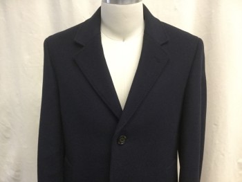 Mens, Coat, Overcoat, RALPH LAUREN, Midnight Blue, Wool, Nylon, Solid, M, 38, Notched Lapel, Single Breasted, 3 Button Closure, 2 Side Entry Pockets, Center Back Vent, At the Knee Length