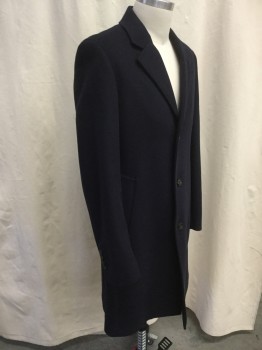 Mens, Coat, Overcoat, RALPH LAUREN, Midnight Blue, Wool, Nylon, Solid, M, 38, Notched Lapel, Single Breasted, 3 Button Closure, 2 Side Entry Pockets, Center Back Vent, At the Knee Length