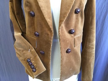 Womens, Blazer, VERONICA BEARD, Amber Yellow, Cotton, Elastane, Solid, 2, Corduroy, Peek Lapel,  White with Brown/baby Blue Lining, Large 6 Braid Leather Button Front with 1 Large Hook Front, 3 Pockets, Long Sleeves with Dark Brown Suede Patch, Single Vent