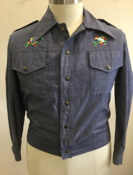Mens, Jacket, THE MAN, Denim Blue, Multi-color, Cotton, Solid, Novelty Pattern, 44, Chambray, with Multicolor Flowers and Football Themed Embroidery, Snap Front, Collar Attached, 2 Large Patch Pockets with Flaps and Snap Closure, Epaulettes at Shoulders,