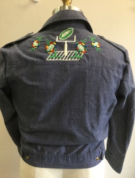 Mens, Jacket, THE MAN, Denim Blue, Multi-color, Cotton, Solid, Novelty Pattern, 44, Chambray, with Multicolor Flowers and Football Themed Embroidery, Snap Front, Collar Attached, 2 Large Patch Pockets with Flaps and Snap Closure, Epaulettes at Shoulders,