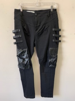 MTO, Black, Synthetic, Faux Leather, Solid, Zip Fly, Yoke Front Pleated at Angled Seam, Pleater Straps Around Side Thighs, 2 Pleather Cargo Pockets and 2 Pleather Back Pockets, Belt Loops
