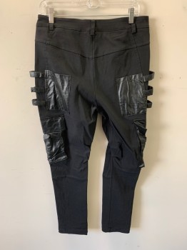 MTO, Black, Synthetic, Faux Leather, Solid, Zip Fly, Yoke Front Pleated at Angled Seam, Pleater Straps Around Side Thighs, 2 Pleather Cargo Pockets and 2 Pleather Back Pockets, Belt Loops