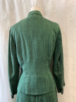Womens, 1940s Vintage, Suit, Jacket, PETTI, Green, Black, Wool, Synthetic, 2 Color Weave, B: 34, Collar Attached, Single Breasted, Button Front, Long Sleeves, Belted Sides