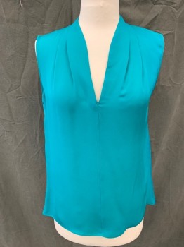 Womens, Top, TAHARI, Turquoise Blue, Silk, Solid, S, Sleeveless, V-neck, Pleated at Shoulders *small Stain on Back*