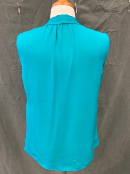 Womens, Top, TAHARI, Turquoise Blue, Silk, Solid, S, Sleeveless, V-neck, Pleated at Shoulders *small Stain on Back*