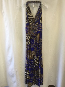 Womens, Jumpsuit, SHUI SI QING, Primary Blue, Brown, Beige, Camel Brown, Polyester, Animal Print, M/L, Self Tiger and Cheetah Print, Surplice Neckline, Empire Band, Backless, Wide Leg