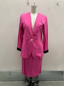 SOUTHERN LADY, Fuchsia Pink, Polyester, Solid, Color Blocking, Lightly Slubbed, SB. V-N, 1 Plastic Painted Gold Btn, Slight Cutaway Front, Shoulder Pads, L/S, with Attached Black Wool Cuffs, Unlined