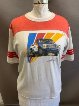 NL, Off White, Red, Multi-color, Cotton, Color Blocking, Novelty Pattern, Short Sleeves, Crew Neck, Top Stitch, Dodge Ram Walter Evans 1983 Print