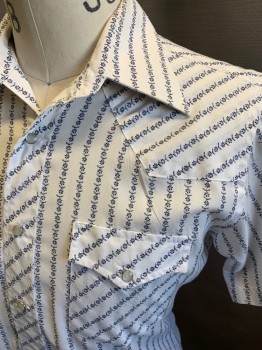 Mens, Western Shirt, JCPENNEY, White, Navy Blue, Poly/Cotton, Floral, Stripes, N15.5, S/S, Snap Front, Chest Pockets with Flaps and Snaps, Pearl Snaps