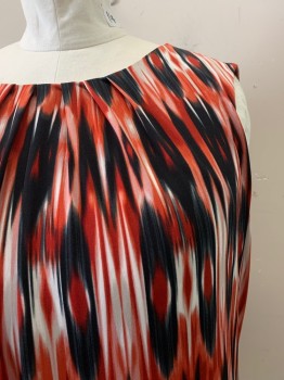 Womens, Top, CALVIN KLEIN, Red, Black, White, Polyester, Spandex, Abstract , 1X, Bateau/Boat Neck, Slvls, Keyhole Back