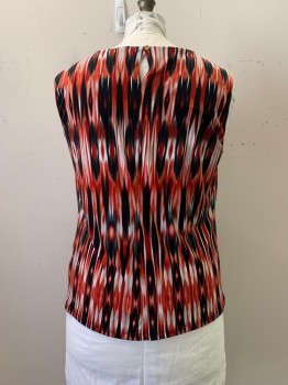 Womens, Top, CALVIN KLEIN, Red, Black, White, Polyester, Spandex, Abstract , 1X, Bateau/Boat Neck, Slvls, Keyhole Back