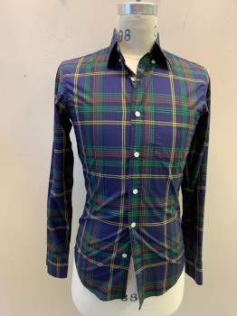 Mens, Casual Shirt, J. CREW, Navy Blue, Green, Yellow, Red, Black, Cotton, Plaid, XS, Button Front, Collar Attached, 1 Pocket, Long Sleeves, Button Cuff