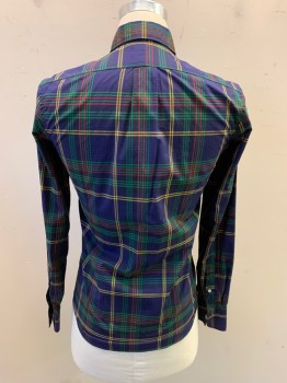 Mens, Casual Shirt, J. CREW, Navy Blue, Green, Yellow, Red, Black, Cotton, Plaid, XS, Button Front, Collar Attached, 1 Pocket, Long Sleeves, Button Cuff