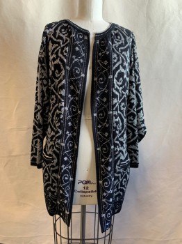 Womens, Sweater, CRESCENDO, Black, Silver, Acrylic, Polyester, Abstract , M, Cardigan, Open Front, Black with Silver Abstract Pattern, Long Sleeves, 2 Pockets