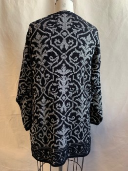 CRESCENDO, Black, Silver, Acrylic, Polyester, Abstract , Cardigan, Open Front, Black with Silver Abstract Pattern, Long Sleeves, 2 Pockets