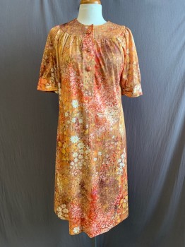 Womens, Dress, NL, Lt Brown, White, Yellow, Orange, Red, Polyester, Floral, Abstract , W: 38, B: 34, Shift Dress, Snap Front, Faux Buttons, 2 Pockets, Short Sleeves, Hem Below Knee