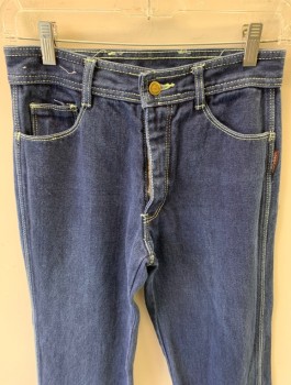 JORDACHE , Dk Blue, Cotton, Dark Denim, High Waist, Straight Leg, Off White Top Stitching, 2 Back Pockets with  "JORDACHE" Logo