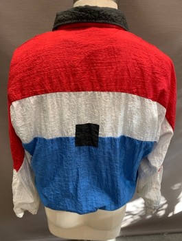 TODD1, Red, Black, Blue, White, Polyester, Cotton, Solid, Collar Attached, Zip Front 2 Side Pockets , Black Squares  Across the Front .                                         * Stained Sleeves on Both Arms