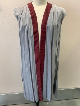 Mens, Robe, N/L MTO, Gray, Red Burgundy, Silk, O/S, Asian Inspired/Fantasy, Sleeveless, Burgundy 2" Wide Trim At Front Opening/Neck, Open Front With No Closures, Padded Shoulders With Pleats, Below Knee Length, Slits At Sides, Made To Order