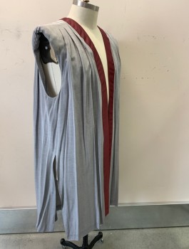 Mens, Robe, N/L MTO, Gray, Red Burgundy, Silk, O/S, Asian Inspired/Fantasy, Sleeveless, Burgundy 2" Wide Trim At Front Opening/Neck, Open Front With No Closures, Padded Shoulders With Pleats, Below Knee Length, Slits At Sides, Made To Order