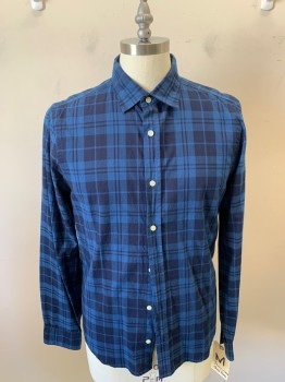 Mens, Casual Shirt, BLOOMINDALES , Navy Blue, Cotton, Plaid, M, Collar Attached, Button Front,