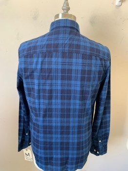 Mens, Casual Shirt, BLOOMINDALES , Navy Blue, Cotton, Plaid, M, Collar Attached, Button Front,