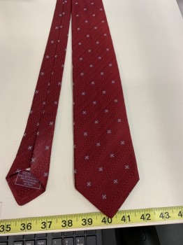 Mens, Tie, BRIONI, Wine Red, Lt Blue, Cream, Silk, Floral, O/S, Four in Hand, Self Textured Diagonal Stripes