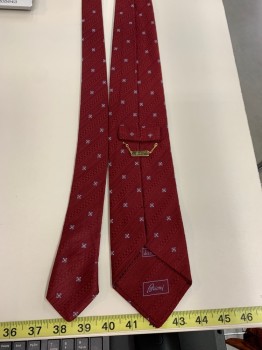 Mens, Tie, BRIONI, Wine Red, Lt Blue, Cream, Silk, Floral, O/S, Four in Hand, Self Textured Diagonal Stripes