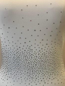 CALVIN KLEIN, Ivory White, Polyester, Spandex, Solid, Scoop Neck, Sleeveless, Below Knee, Silver Rhinestones Embellished on All Around Center Waist, Fitted Body-con Dress, Pencil Skirt Bottom, Zipper at Center Back