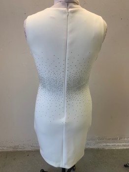 CALVIN KLEIN, Ivory White, Polyester, Spandex, Solid, Scoop Neck, Sleeveless, Below Knee, Silver Rhinestones Embellished on All Around Center Waist, Fitted Body-con Dress, Pencil Skirt Bottom, Zipper at Center Back